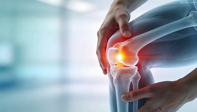 Hand pressing painful knee joint with highlighted inflammation and anatomical bones with copy space, medical orthopedics concept.