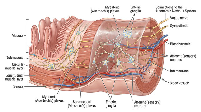 Detailed diagram of the enteric nervous system highlighting myenteric and submucosal plexuses, enteric ganglia, afferent and efferent neurons and their connections to vagus and sympathetic pathways co