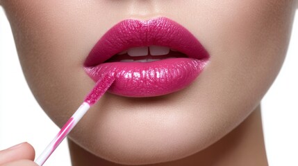 Naklejka premium A woman's mouth is slightly open as she applies rich pink lip gloss with a brush. The glossy finish enhances her lips, perfect for an elegant night out