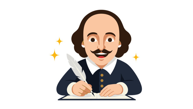 Cartoon illustration of William Shakespeare wearing a classic dark suit writing in a book with a white feather quill pen.