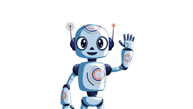 Cute white and blue futuristic robot with antennas waving its hand and smiling in a friendly manner on a white background.