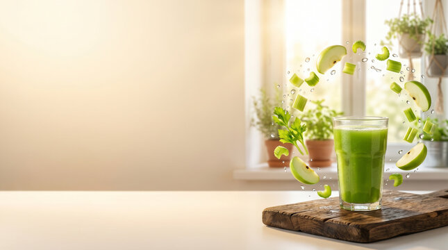 Fresh green juice with flying celery and apple slices in bright kitchen with copy space