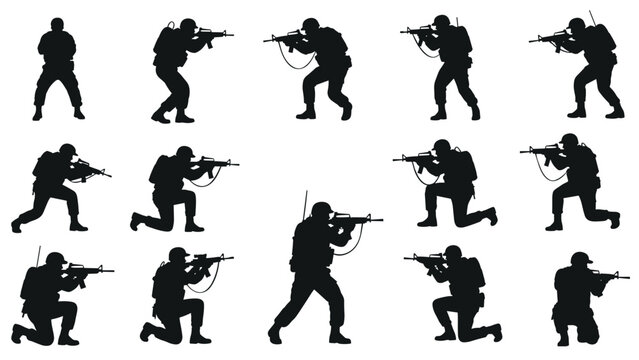 Collection of silhouettes showing soldiers in various tactical combat poses while holding rifles during a military operation.
