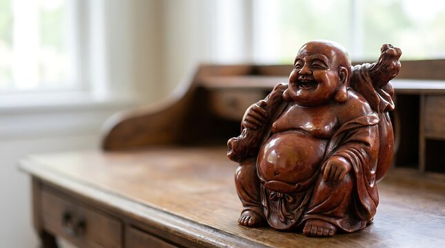 A Laughing Buddha statue rests on a wooden desk near a window
