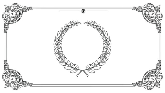 Elegant vintage black and white frame design with intricate corner scrollwork and a laurel wreath in the center area.