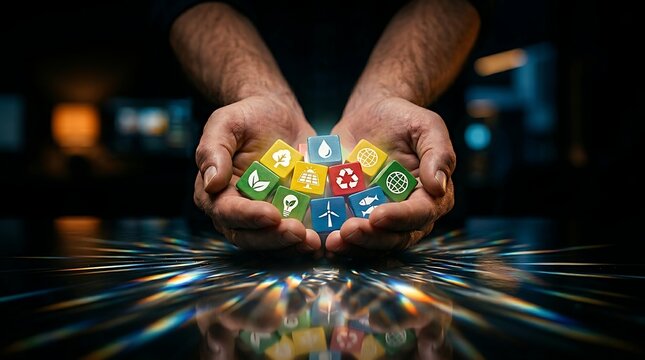 Hands holding a collection of colorful cubes with sustainability and environment icons, symbolizing a commitment to a greener future and ecological balance.