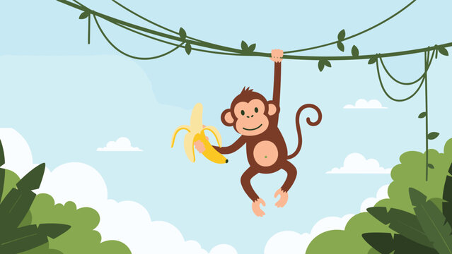 Playful cartoon monkey hanging from a jungle vine while holding a delicious peeled banana in a sunny tropical forest.