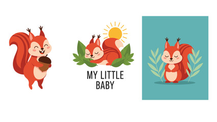 Fototapeta premium Set of three adorable red squirrel illustrations showing them holding an acorn, sleeping, and sitting peacefully among green garden leaves.