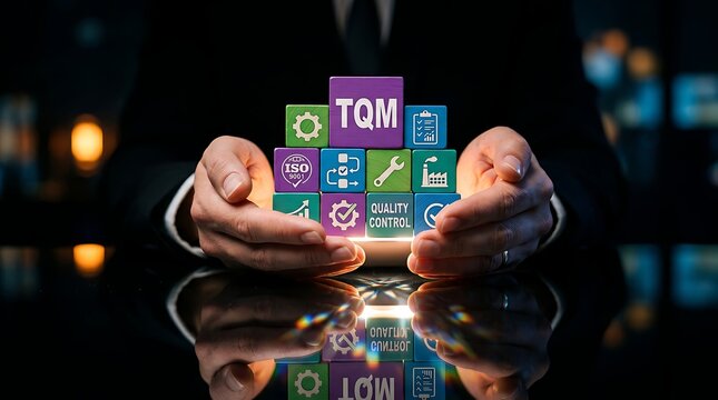 Hands holding stacked cubes with TQM, ISO, Quality Control, and industry icons symbolizing business process improvement and management excellence.