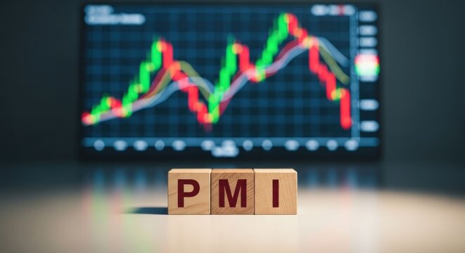 PMI Index Displayed on Wooden Blocks with Stock Market Chart in Background.
