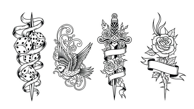 Set of traditional black and white tattoo flash designs including dice with ribbons, a bird, a dagger with roses, and a single flower.