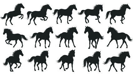 Obraz premium Black silhouette sequence showing the multiple dynamic stages of a powerful horse running and galloping in a continuous motion study.