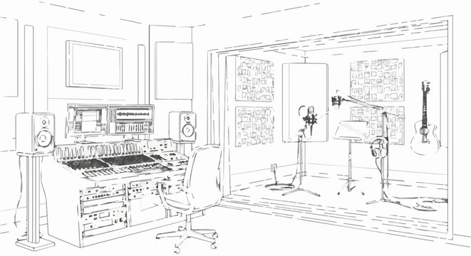 Recording studio with mixing console, microphones, and guitar