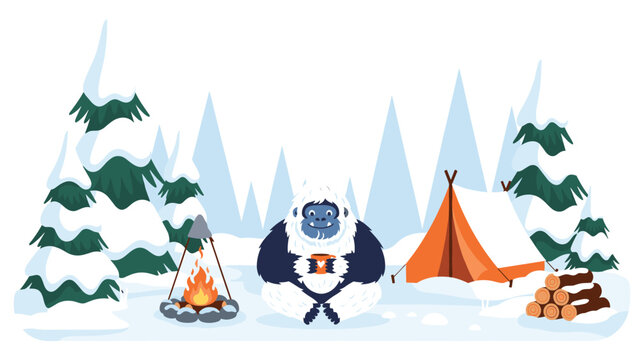 Friendly blue and white yeti sitting by a campfire in a snowy forest next to an orange tent and a stack of firewood logs in the snow.
