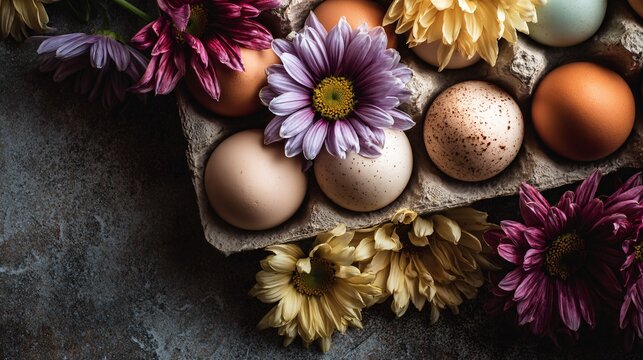 Cropped composition with flowers and eggs partially cut off by frame edges, suggesting continuation
