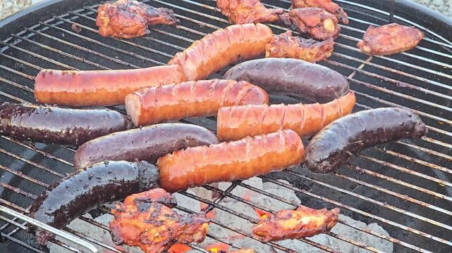 Assorted sausages and blood sausages grilling on a charcoal barbecue grate outdoors during a summer garden party, delicious roasted meat over hot coals with smoke. Video 4k