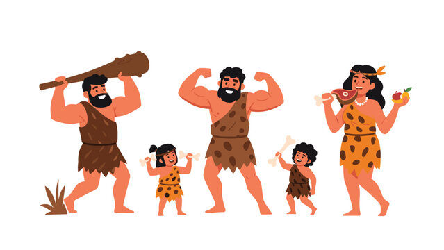 Group of prehistoric caveman family members including strong men, a woman, and children wearing animal skins and holding clubs or food.