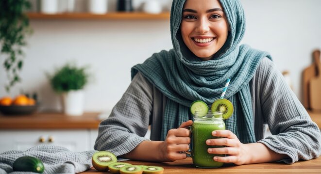 Smiling Muslim Woman Enjoying Healthy Green Smoothie in Kitchen.