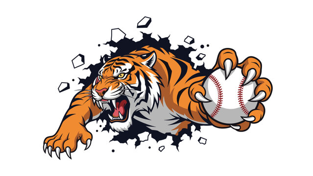Fierce tiger mascot breaking through a white wall with its powerful claws while clutching a baseball in an aggressive sport action shot.