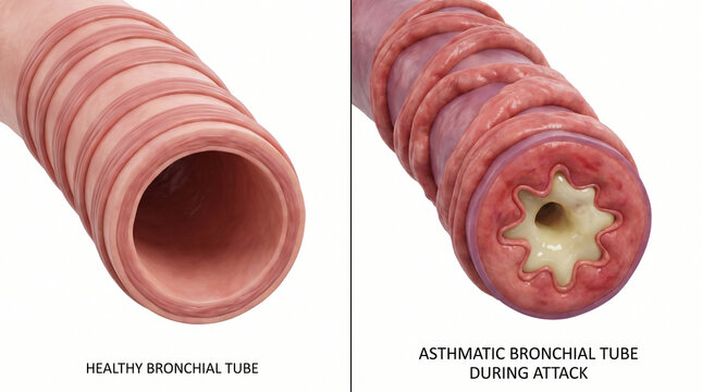 Asthmatic Bronchial Tube During Attack Anatomy Comparison Healthy vs Obstructed