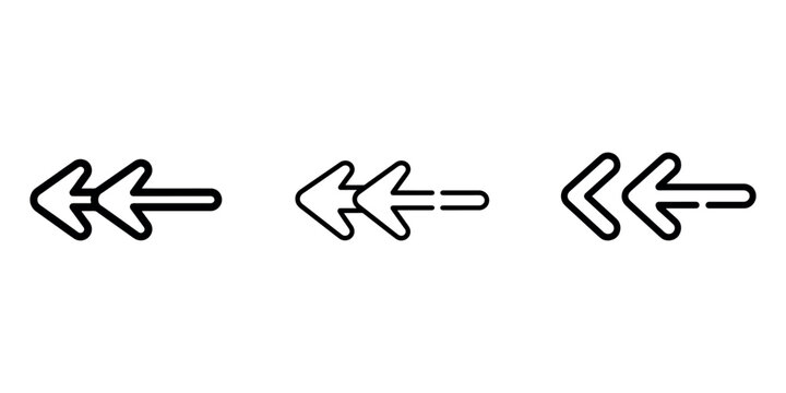 Double arrow back icons set in thin line style pointing left for web navigation app interface media controls and direction signs isolated on white background.