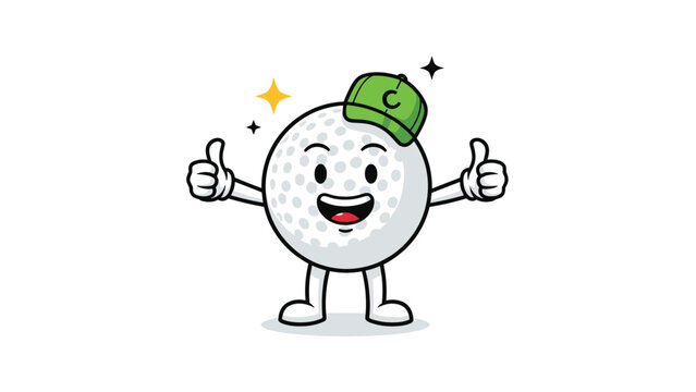 Fun cartoon golf ball character with arms and legs wearing a green cap and giving a happy and positive double thumbs up gesture.
