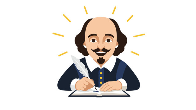 Colorful illustration of the famous playwright William Shakespeare sitting at a desk and writing in a book with a classic quill pen.