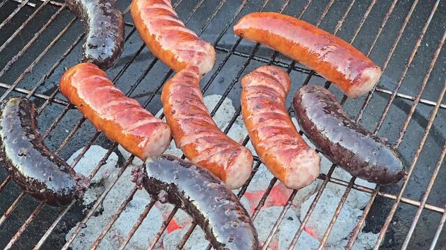 Assorted sausages and blood sausages grilling on a charcoal barbecue grate outdoors during a summer garden party, delicious roasted meat over hot coals with smoke. Video 4k