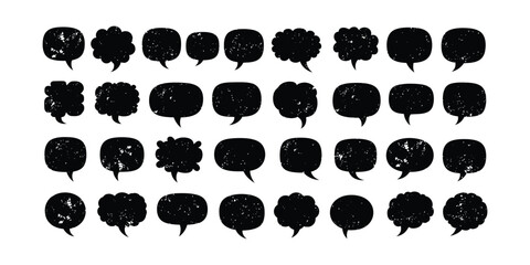 Fototapeta premium Large collection of distressed black speech bubbles and thought bubbles with varied shapes and textures representing communication dialogue and expression.