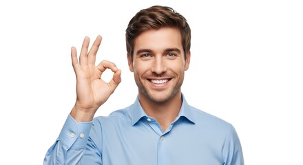 Naklejka premium Smiling man giving ok gesture with fingers on white background, blue shirt