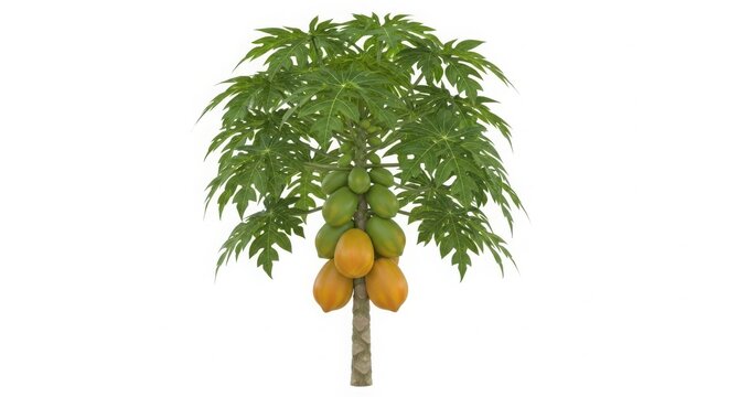Papaya tree with ripe and unripe fruits isolated on white background