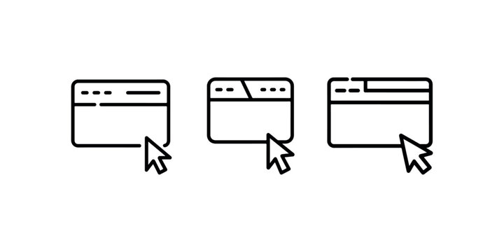 Web browser interface with cursor click icons for internet navigation software development user experience design online browsing website layout concepts.