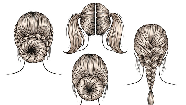 Detailed hand drawn illustration of various intricate hair braiding styles for women shown from the back view on white background.