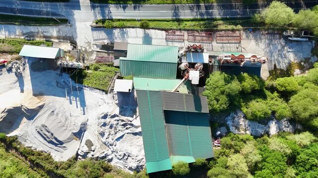 Aerial top down view of concrete batching plant