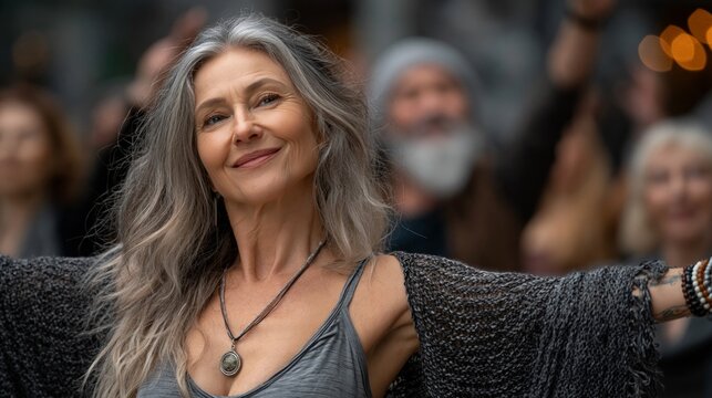 A smiling woman with grey hair provides an inspiring backdrop for content about maturity and self-confidence.