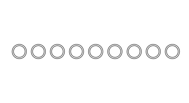 Row of nine identical circular rings or orings arranged horizontally