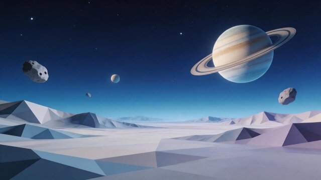 Low poly space landscape with planet and asteroids