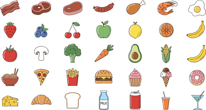 Food icons collection featuring fruits vegetables fast food and drinks in colorful cartoon vector style isolated on clean background