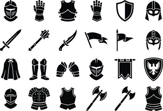 Collection of black and white medieval knight armor and weapon icons for role playing games
