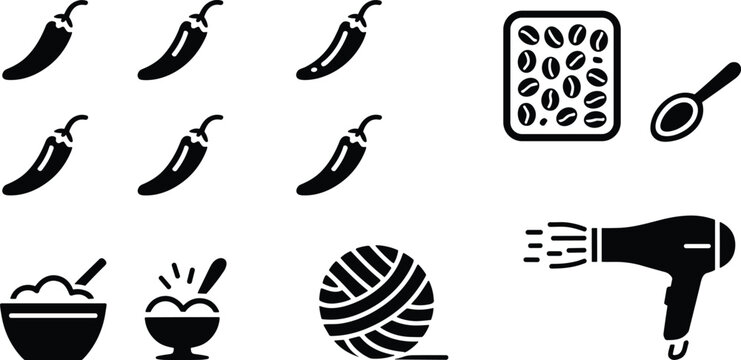 Food and household icon set including chili peppers cereal bowl yarn ball and hair dryer vector illustration