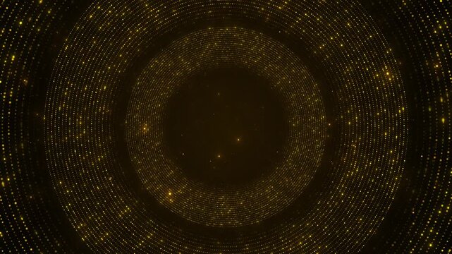 Golden circular dot tunnel background glowing rings, particle depth, and dark luxury space. award videos, wedding intros, premium titles, festive screens, celebration promos, and elegant overlays.