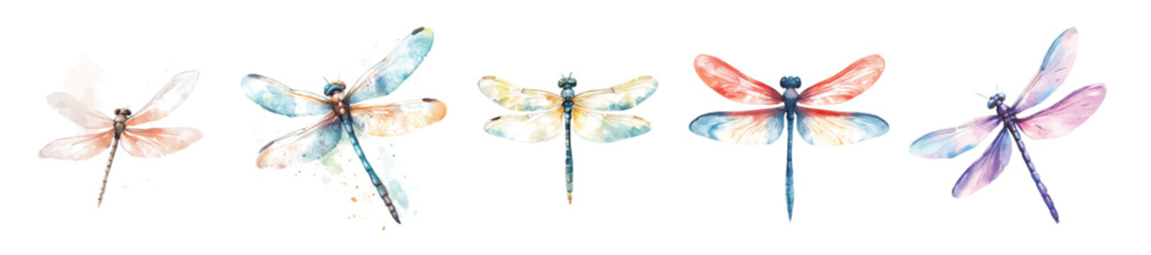 Collection of dragonfly painting designs, Hand-painted style, vectorized, vector set available in EPS, Simple Hand-painted watercolor style, vector set available in EPS