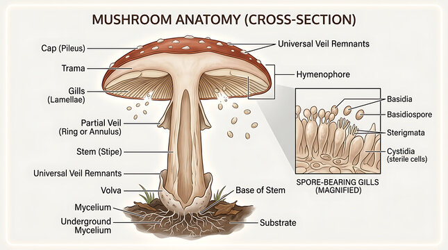 Mushroom Anatomy Cross-Section Diagram. Detailed Fungi Structure with Labeled Parts and Magnified Spore-Bearing Gills.