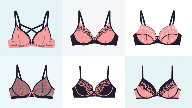 Collection of six different women's bra designs showcasing various colors, patterns, and lace details on a light colored background grid.