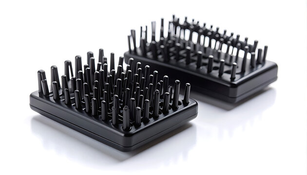Two black hair dryer diffuser attachments with dense bristles arranged in rows on a clean white background, studio shot