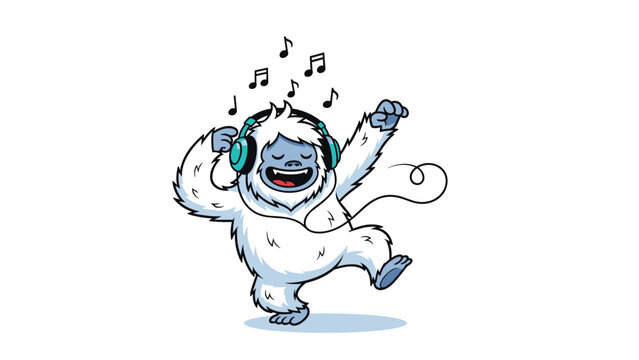 Happy cartoon yeti or abominable snowman wearing headphones and dancing joyfully with musical notes floating in the air around him.