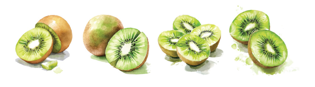 Collection of sliced kiwi painting designs, Hand-painted style, vectorized, vector set available in EPS, Simple Hand-painted watercolor style, vector set available in EPS, Watercolor design