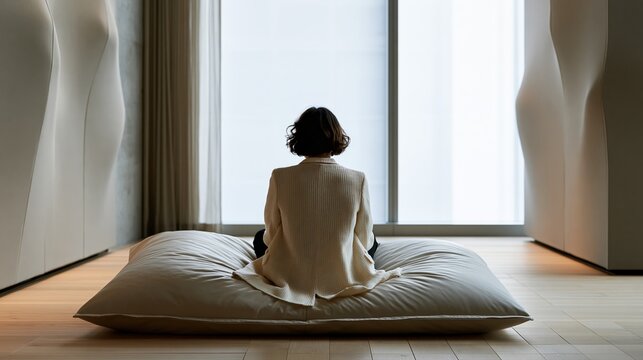 Femme assise de dos en m&eacute;ditation sur coussin face &agrave; une grande fen&ecirc;tre