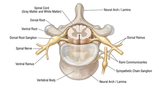 Transverse section of a vertebra showing spinal cord, dorsal and ventral roots joining to form a spinal nerve, with labeled dorsal root ganglion, rami communicantes, sympathetic chain ganglion and dor