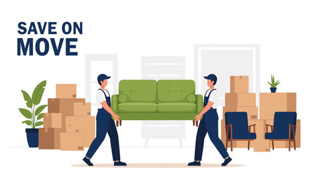 Professional movers in uniform carrying a large green sofa during a house relocation process with cardboard boxes in the background.